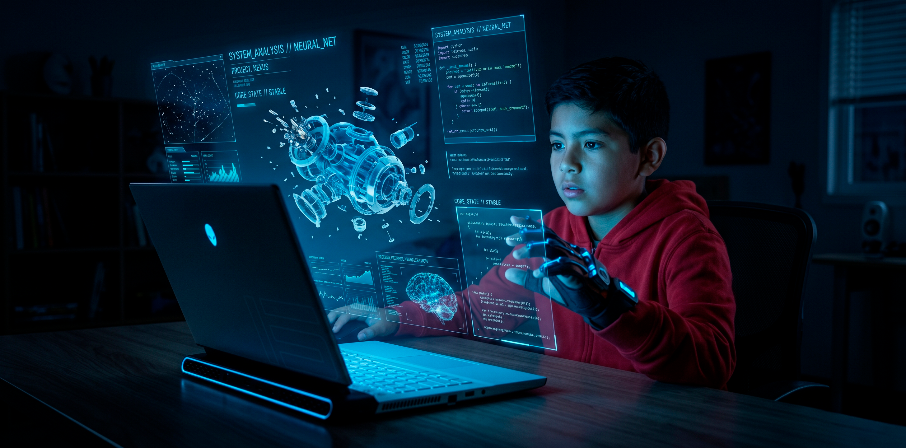 Niño interactuando de forma creativa con una interfaz de inteligencia artificial en un entorno educativo